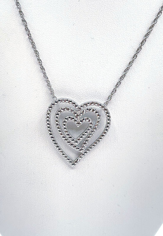 925 Sterling Silver Triple Heart Marcasite Accent Pendant Necklace 8.6g