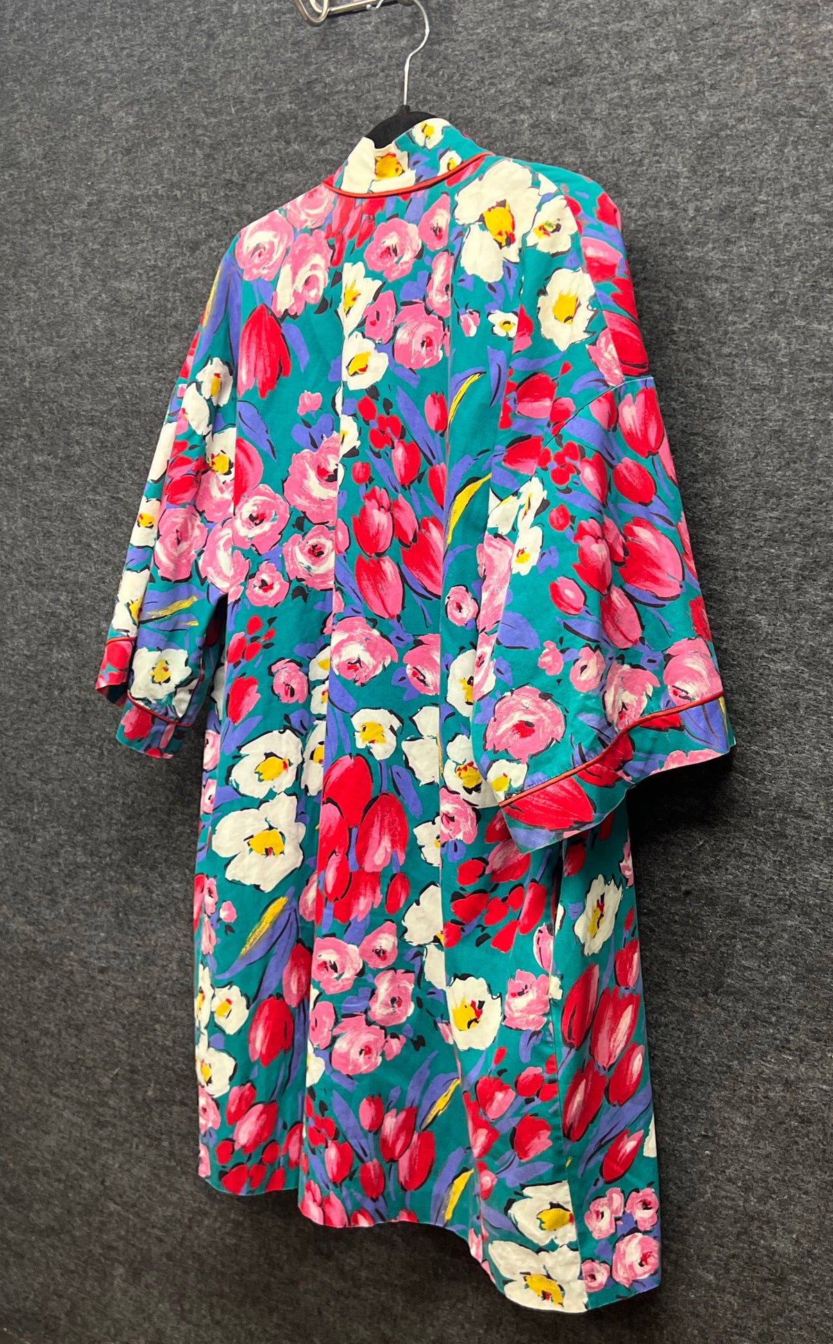 Vintage 90s Beth Michaels Women's Floral Open Front Robe Housecoat Teal Sz M