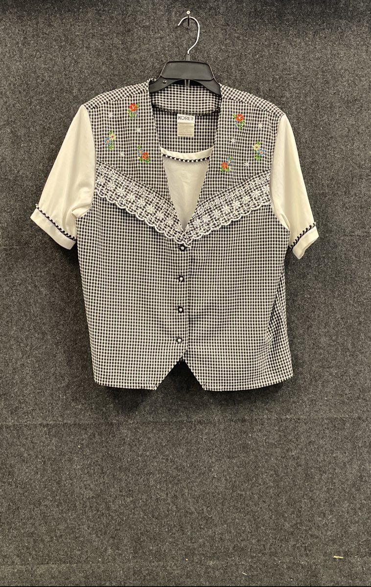 Koret Women's Black Gingham Embroidered Lace Faux Vest Shirt Vintage Y2K Sz 12