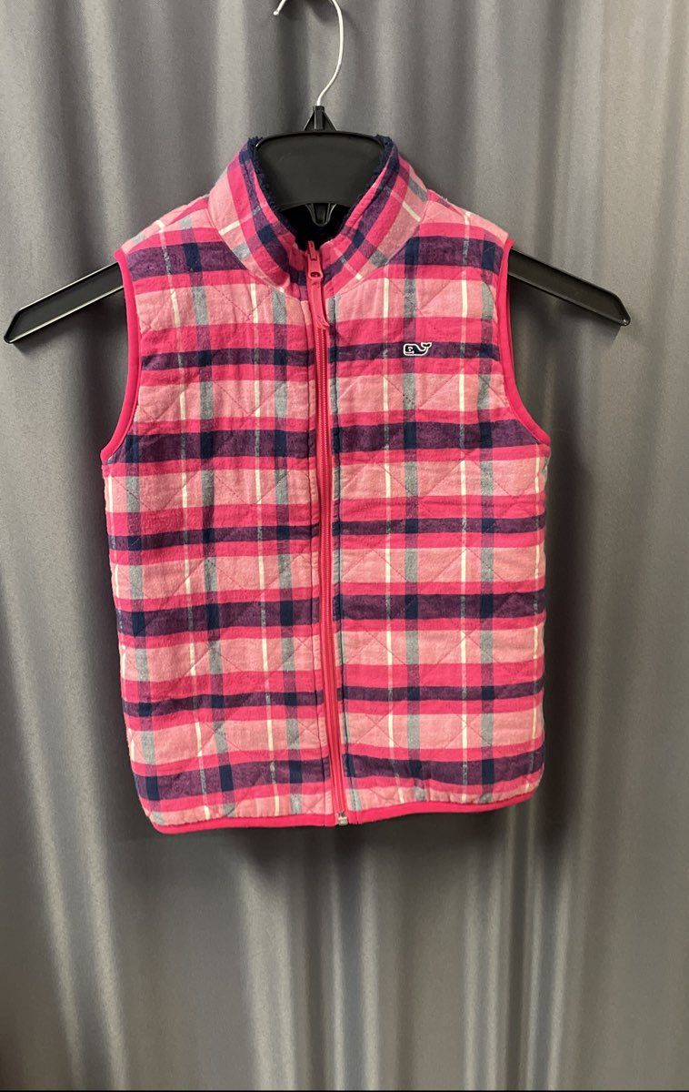 Vineyard Vines Kids Blue Sherpa Pink Plaid Reversible Full Zip Vest Sz S