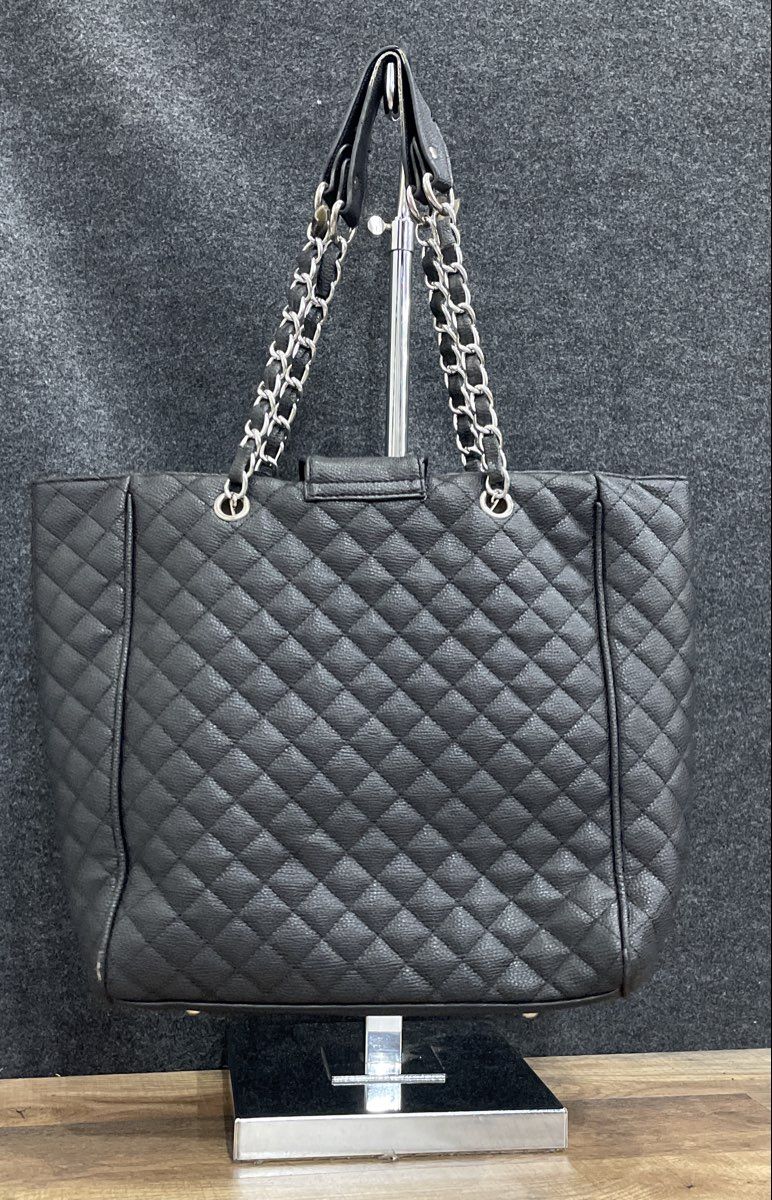 Unbranded Black Leather Quilted Tote Bag Art Deco Graphic Print Silver Hardware
