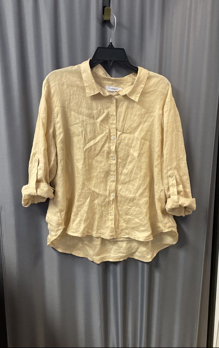 Conbipel Tan Pure Linen Roll Tab Button Down High Low Shirt Sz XL