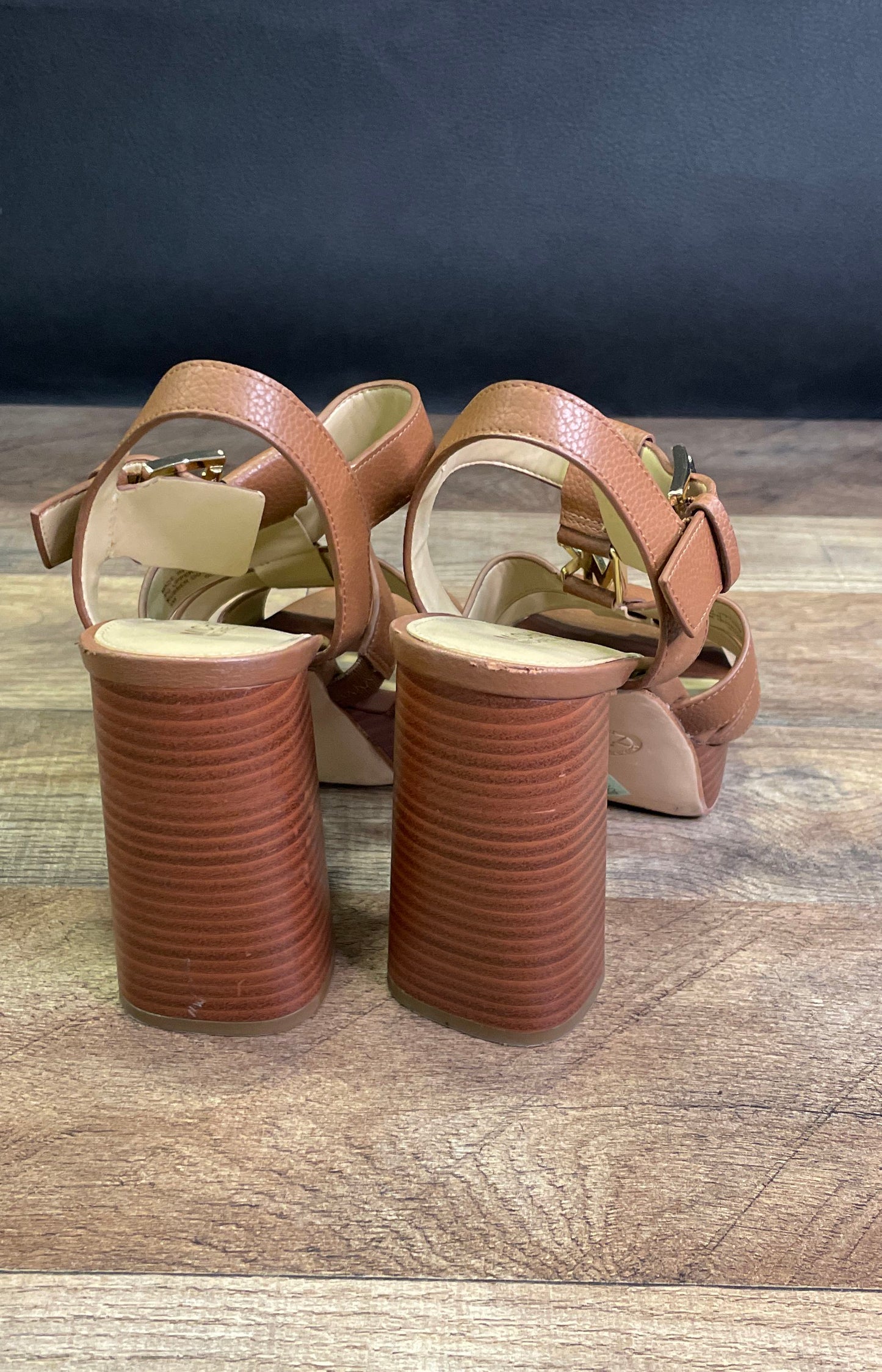 Michael Kors Reed Luggage Brown Platform Block Heel Sandals Women's Size 5M