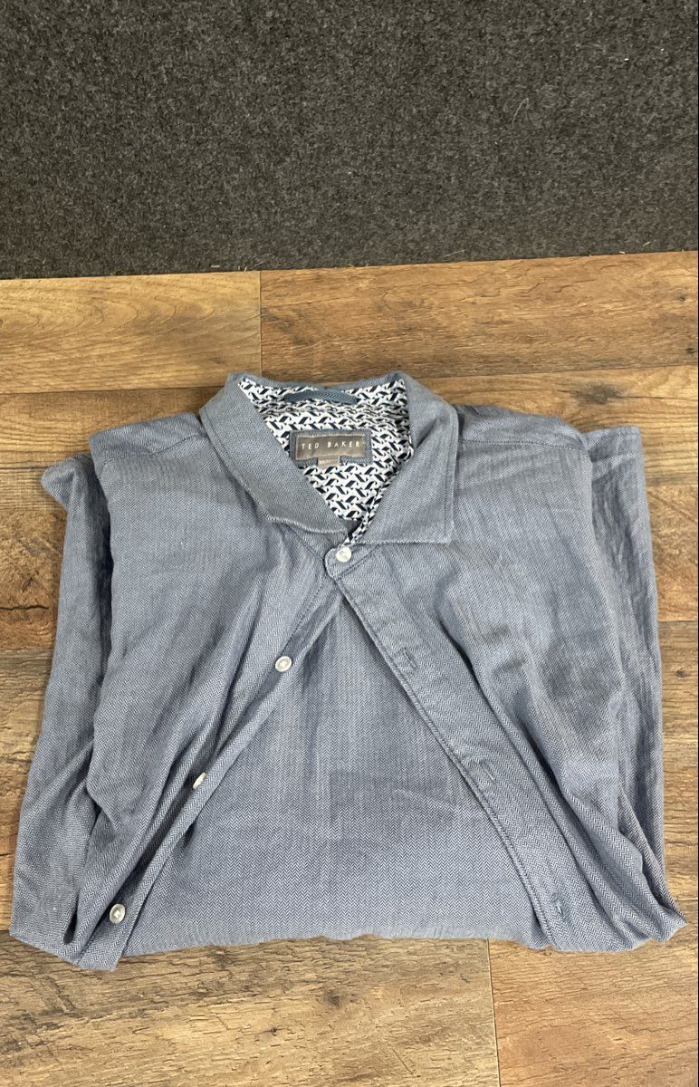 Ted Baker Men's Blue Herringbone Cotton Long Sleeve Button Up Shirt Sz XXL
