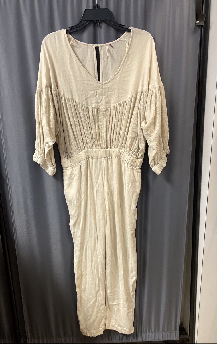 Free People Women's Skyline Jumpsuit Beige Linen Blend Puff Sleeve Pleated Sz XS