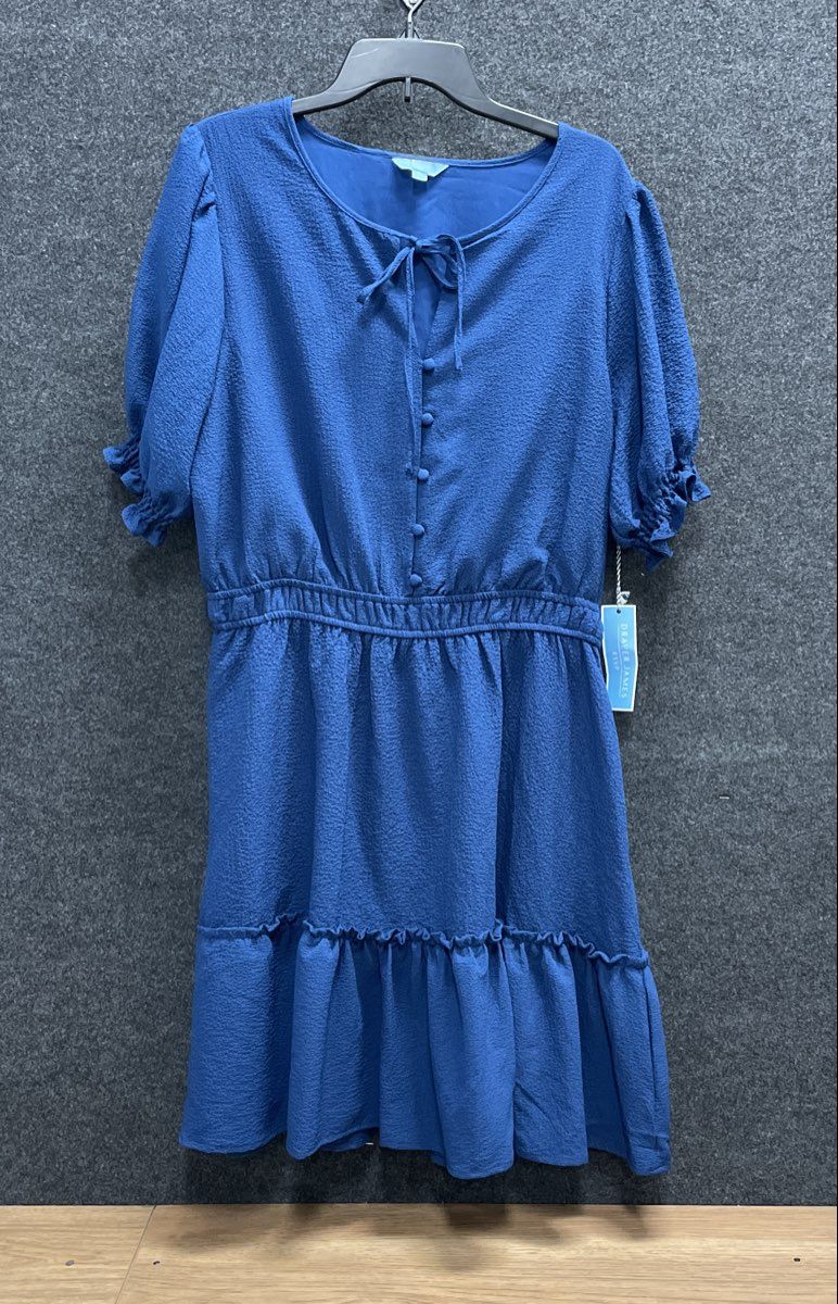 Draper James Women's Navy RSVP Puff Sleeve Tie Neck Ruffle Tiered Dress Sz XL