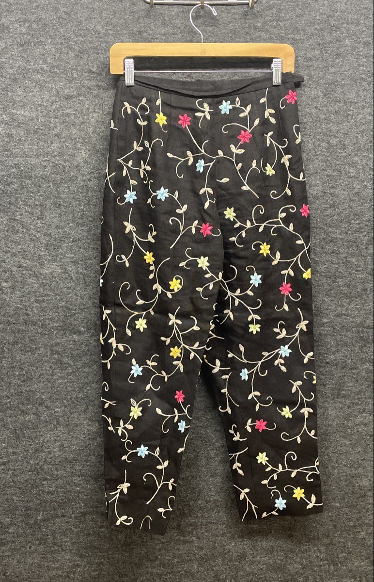 Talbots Petites Women's Black Floral Embroidered Linen Straight Leg Pants Sz 4