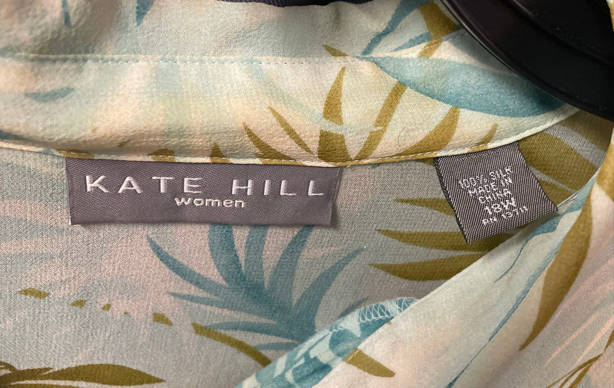 Kate Hill Women's Palm Tree Silk Button Down Top Green Blue Sz 18W