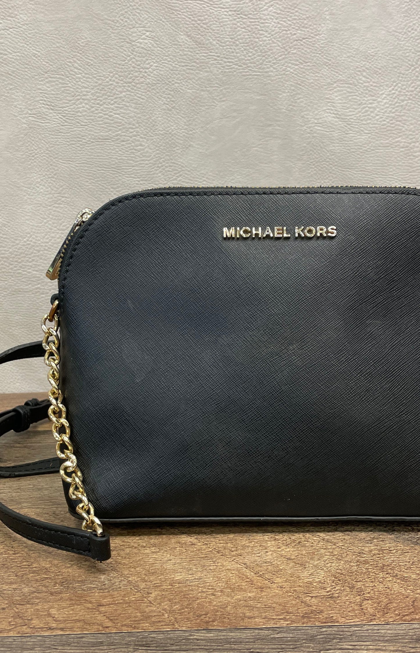 Michael Kors Black Saffiano Leather Jet Set Travel Dome Crossbody Bag Gold