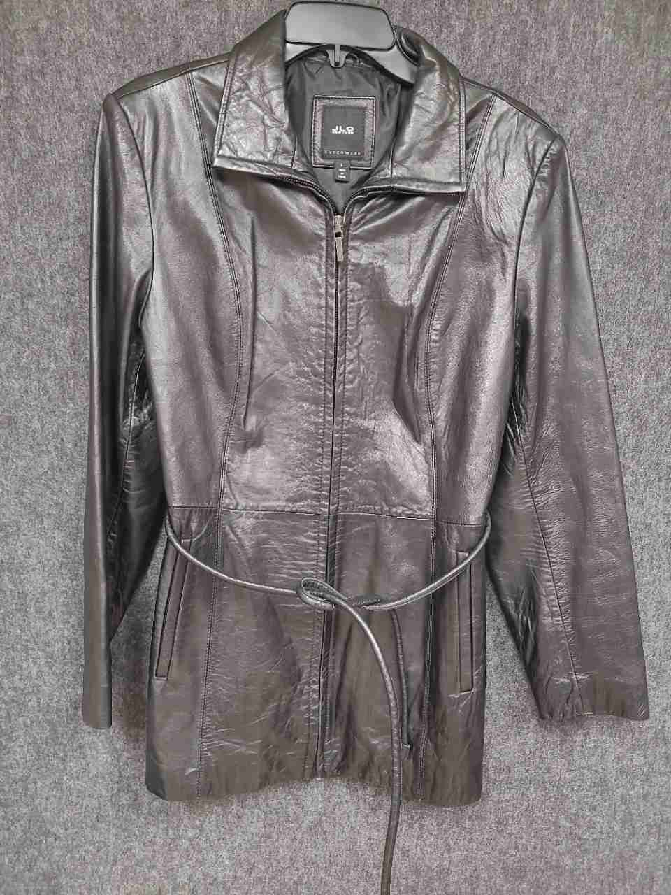 JLC New York Women's Black Leather Full Zip Belted Trench Style Jacket Size L