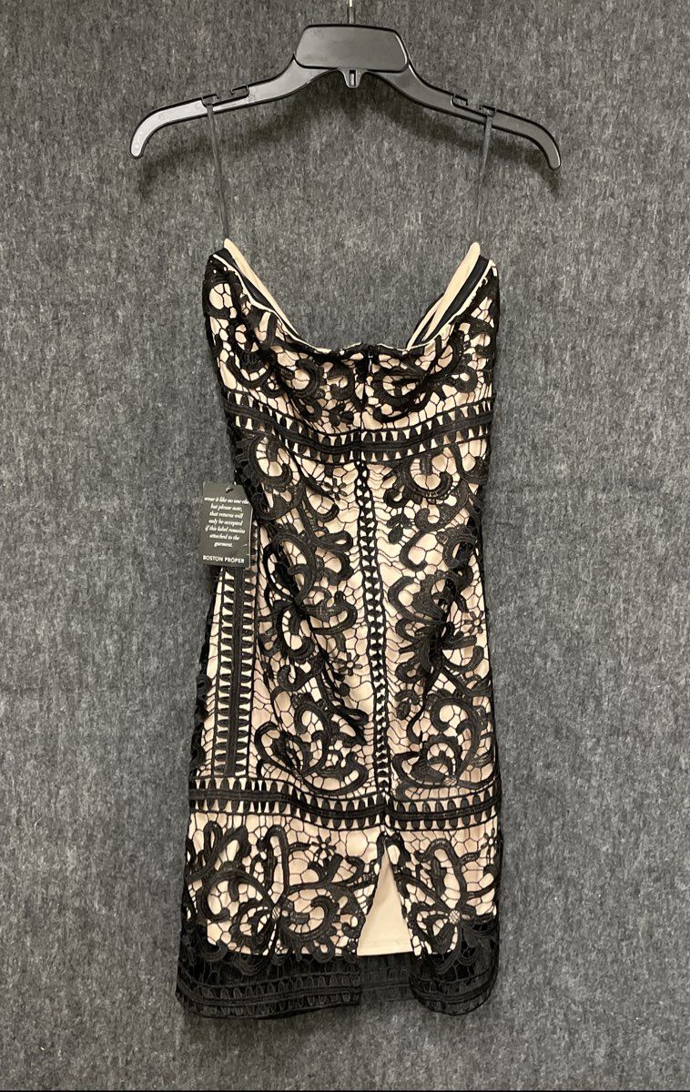 Boston Proper Women's Black Lace Strapless Cocktail Dress Nude Sz 12 NWT