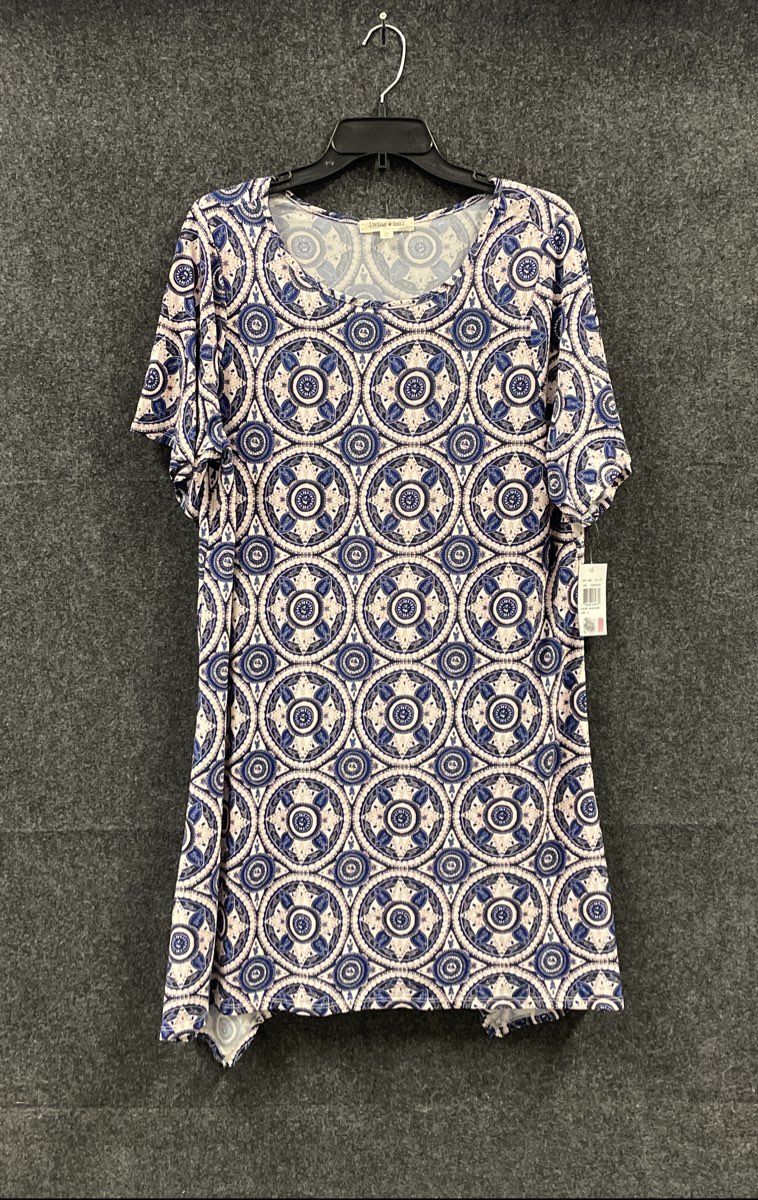 Living Doll Women's Blue Ivory Geometric Medallion Sharkbite Hem Dress Sz 1X NWT
