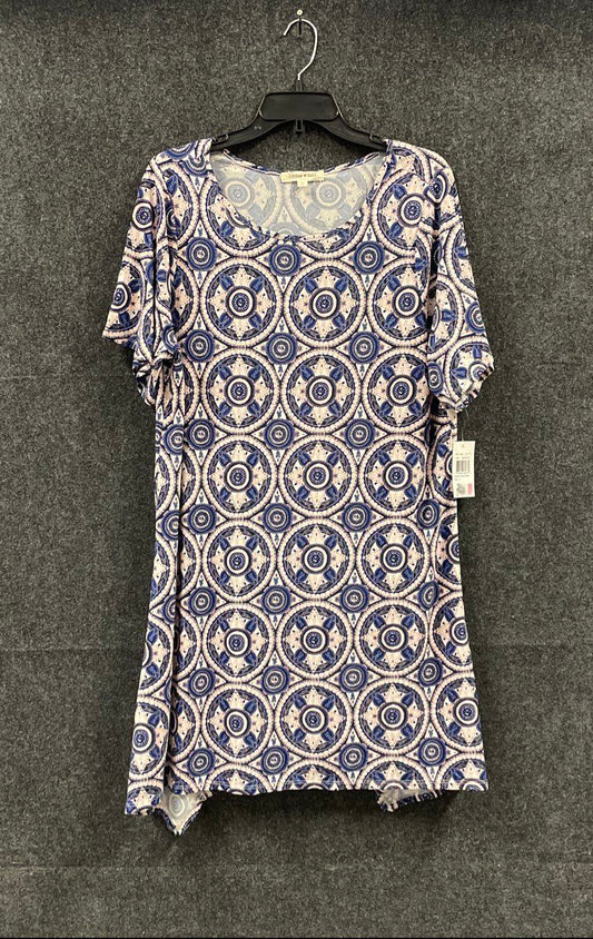 Living Doll Women's Blue Ivory Geometric Medallion Sharkbite Hem Dress Sz 1X NWT