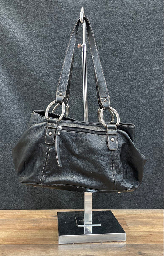 Tignanello Black Pebbled Leather Shoulder Bag Silver Tone Ring Hardware
