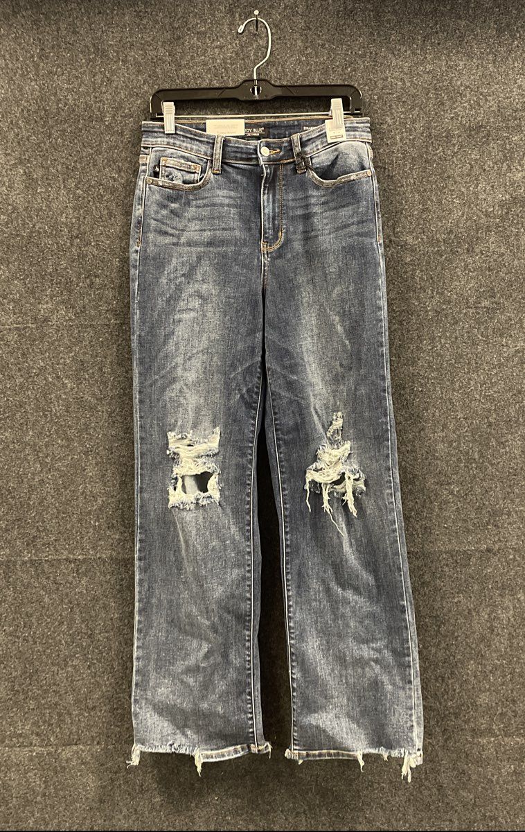 Judy Blue Women's High Waist Straight Fit Distressed Raw Hem Blue Jeans NWT 7/28