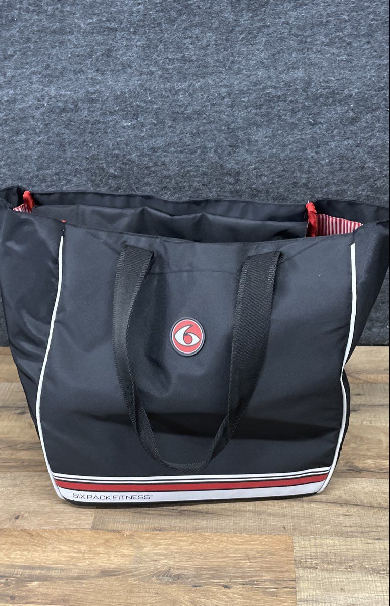 6 Pack Fitness Black Meal Prep Management Tote Bag Red Striped Lining Insulated