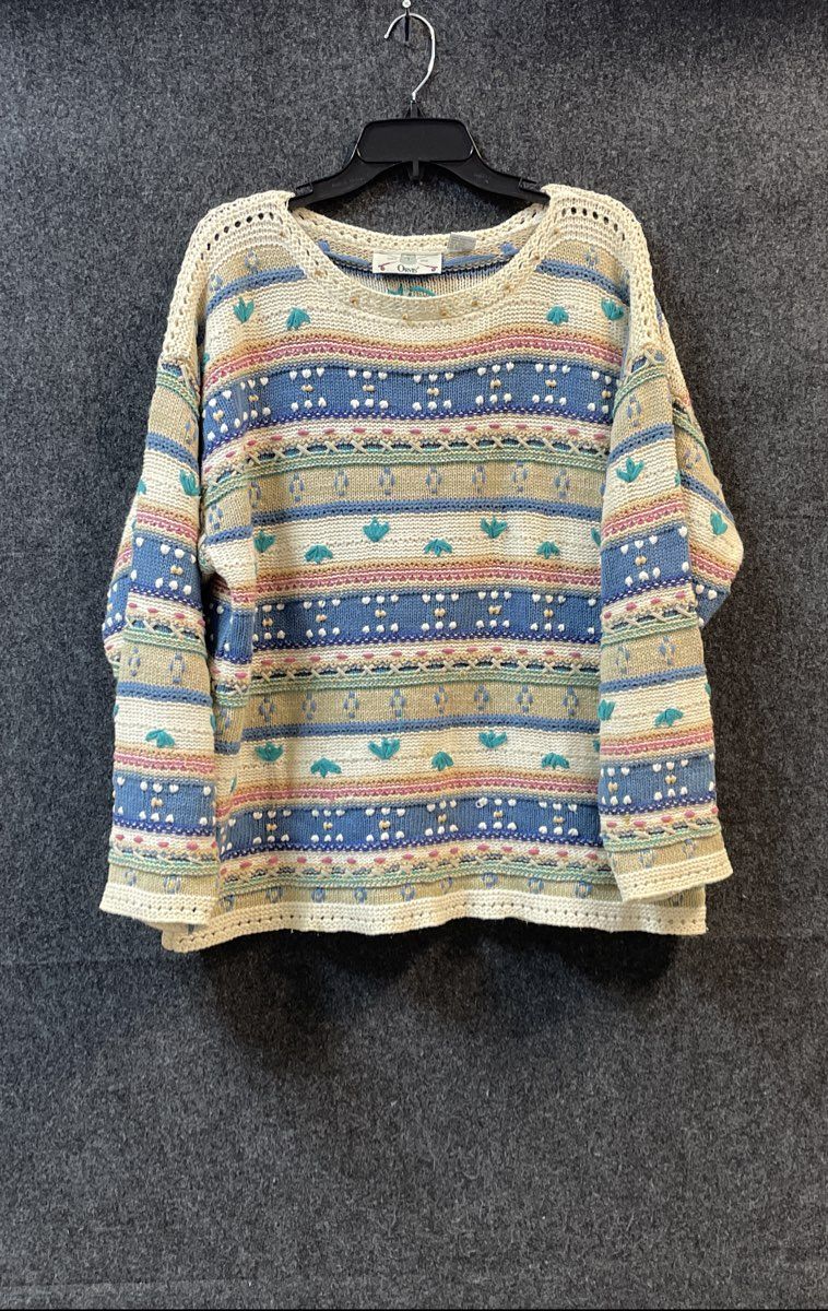 Orvis Women's Vintage 90s Knitted Striped Beaded Neckline Sweater Sz XL