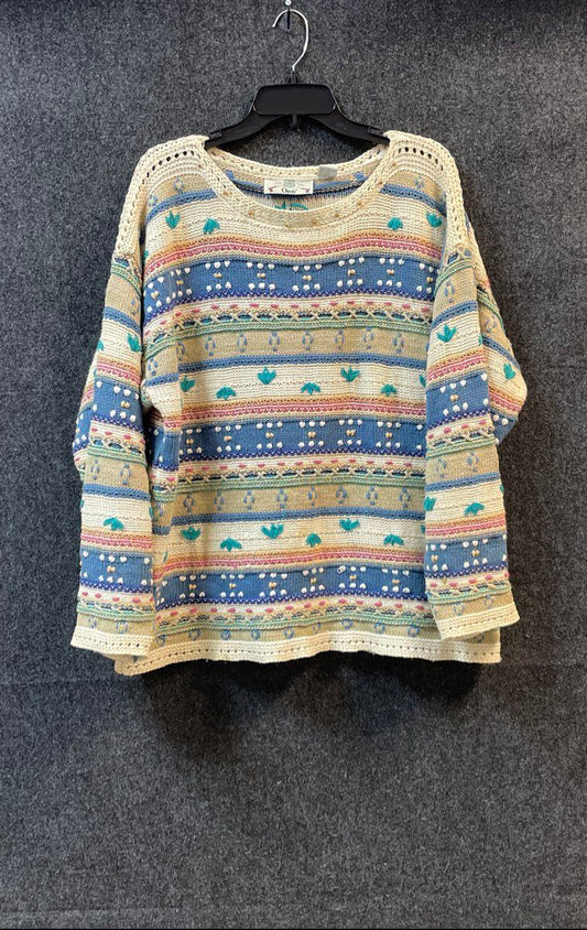 Orvis Women's Vintage 90s Knitted Striped Beaded Neckline Sweater Sz XL