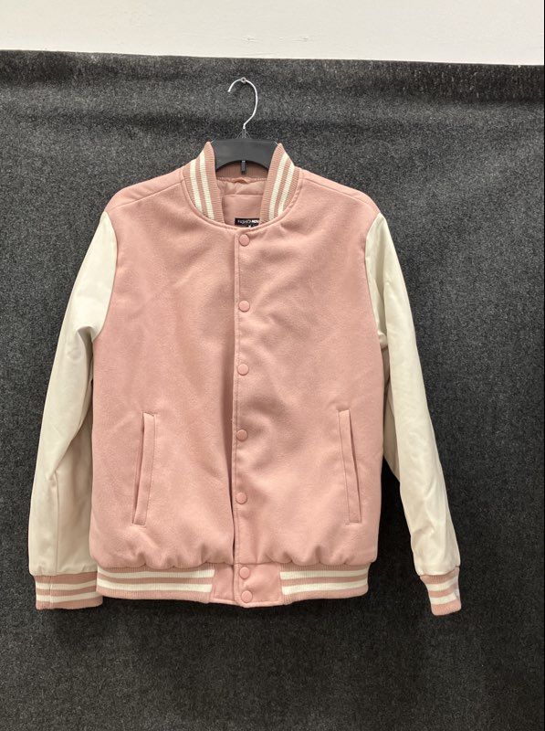 Fashion Nova Women's Pink Varsity Jacket Faux Leather Sleeves Quilted Sz M