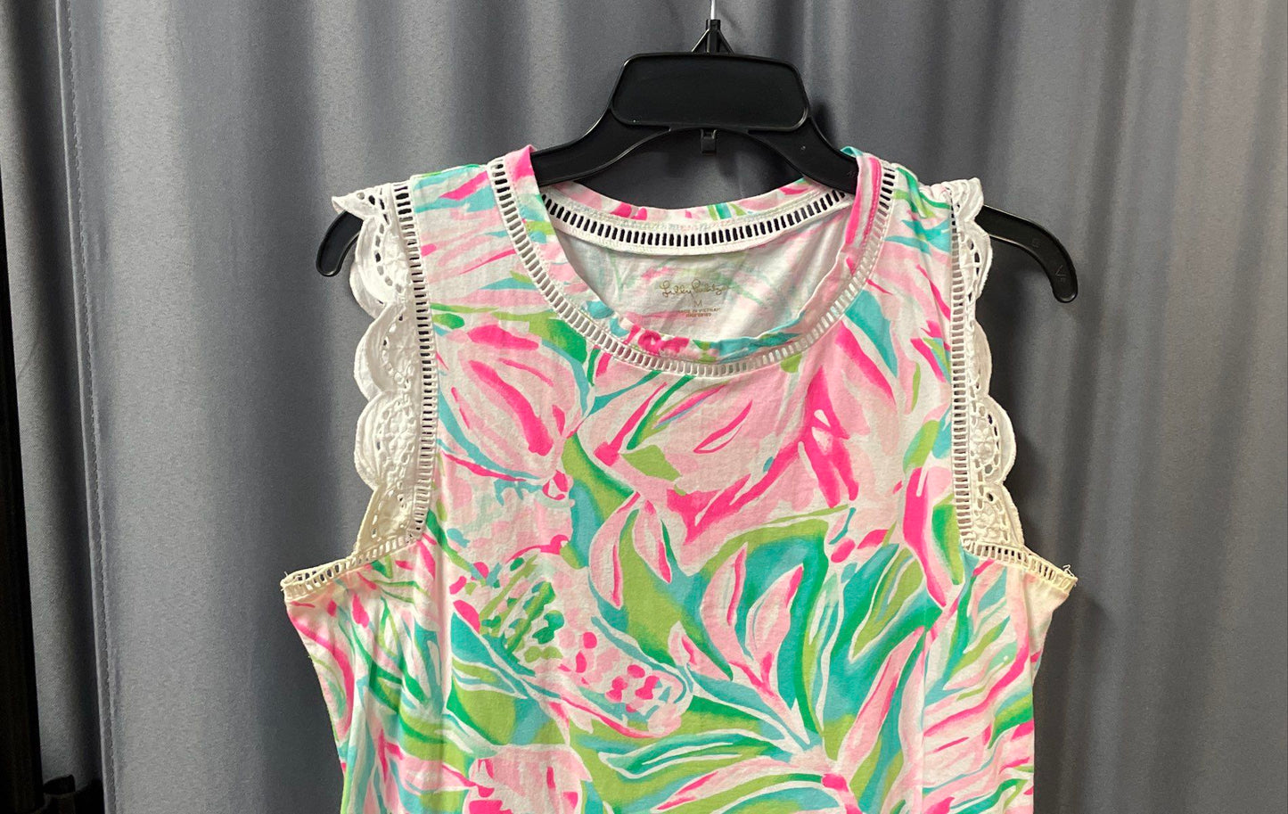 Lilly Pulitzer Women's Corinne Tank Top Pink Green Floral Eyelet Lace Scallop M
