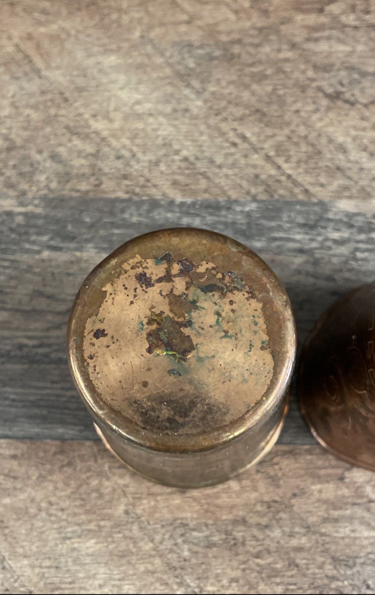 Vintage Copper Tone Metal Tumblers Pair Etched Asian Style Greek Key Design