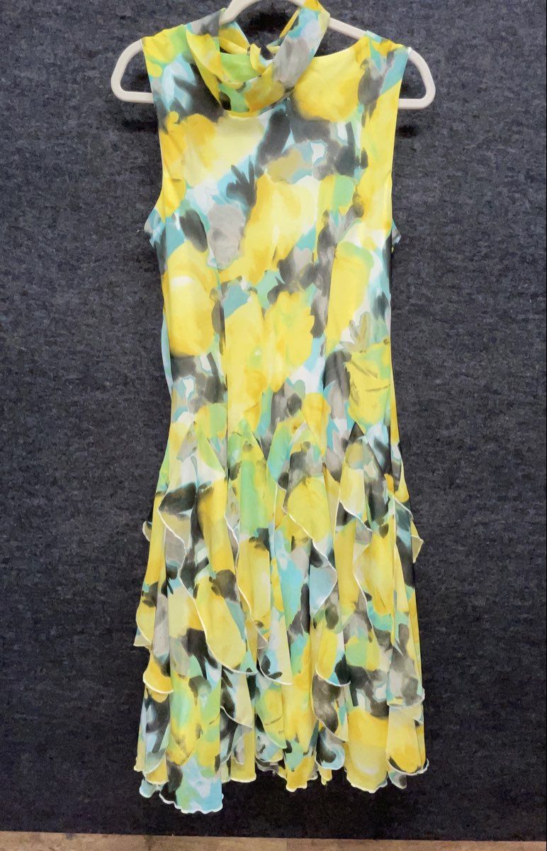 Robbie Bee Women's Yellow Floral Tiered Ruffle Tie Neck Dress Size M
