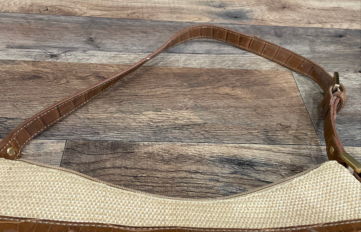 Etienne Aigner Tan Woven Straw Brown Croc Leather Shoulder Bag Small