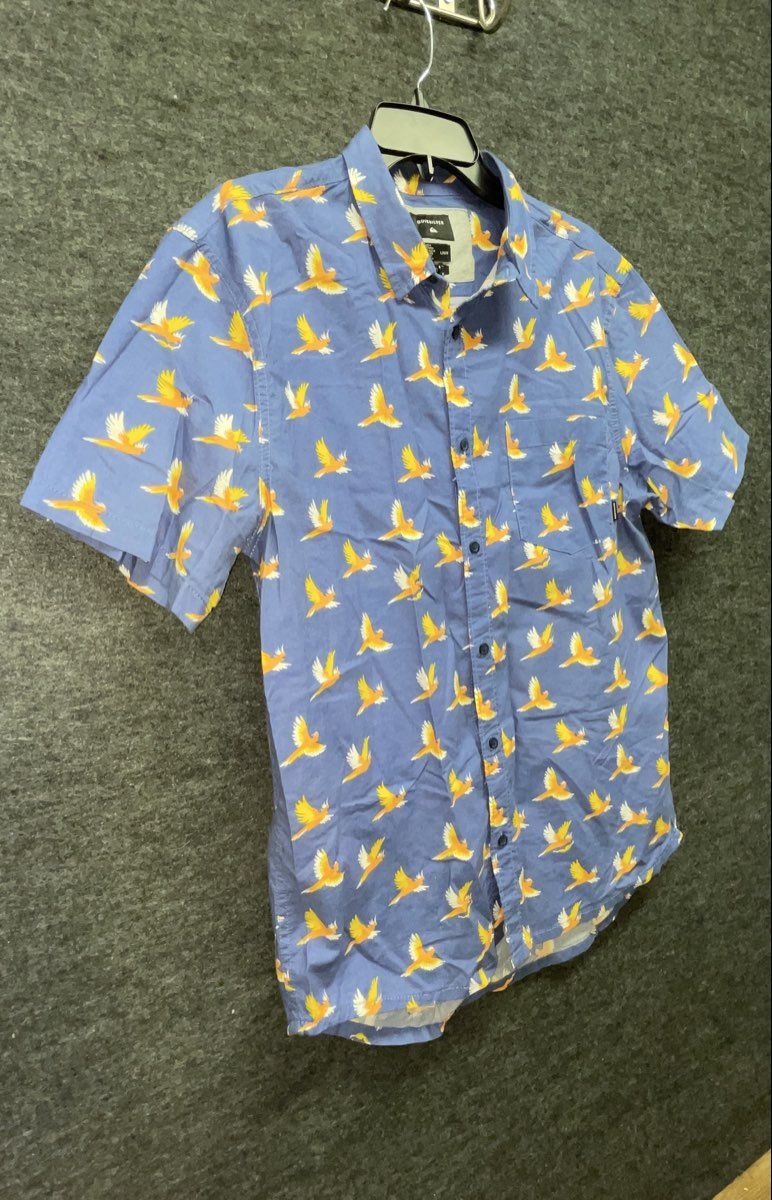 Quiksilver Men's Blue Parrot Bird Print Short Sleeve Button Up Modern Fit Sz L