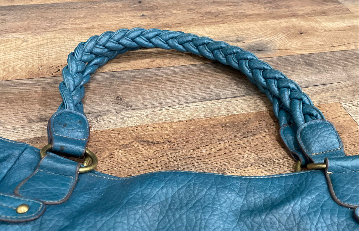 Teal Blue Leather Hobo Shoulder Bag Braided Handles Brass Hardware
