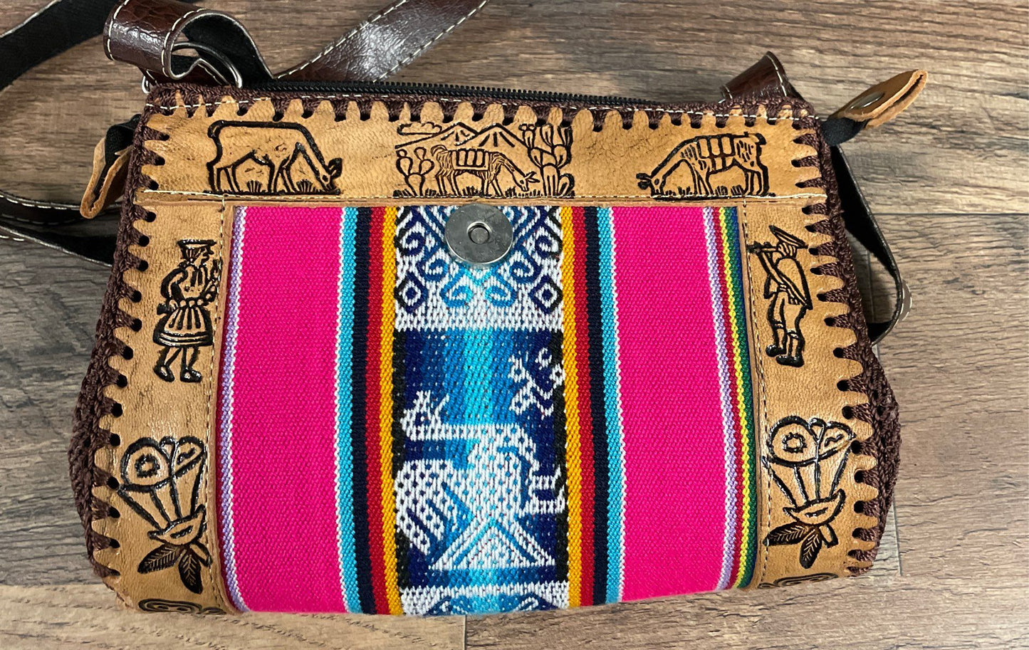 Handcrafted Chilean Tooled Leather Woven Textile South American Crossbody Bag