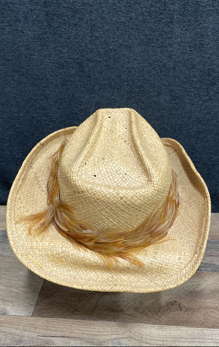 Shady Brady Western Straw Cowboy Hat Natural Tan Feather Band Size L