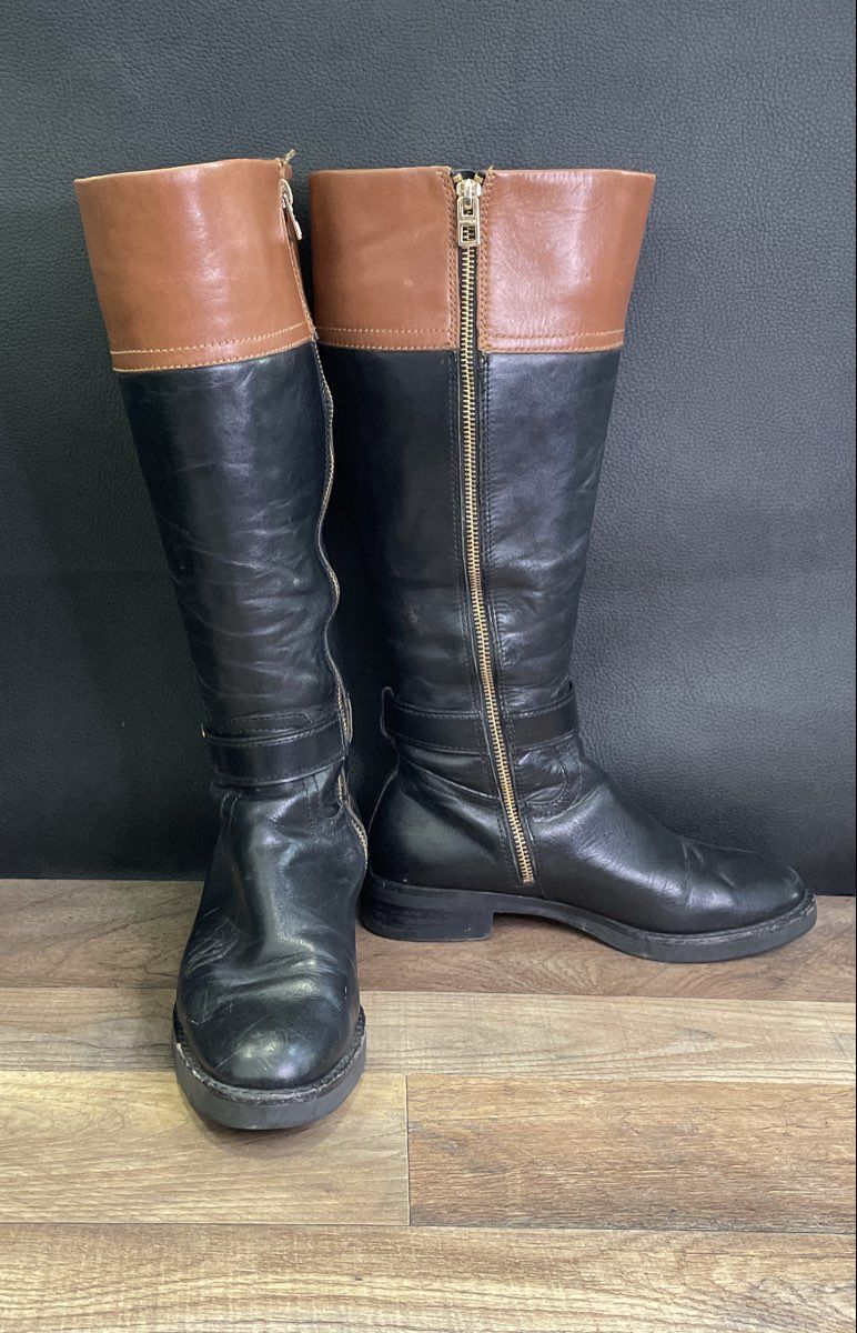 Coach Eva Extended Calf Black Tan Leather Riding Boots Women's Size 6.5B