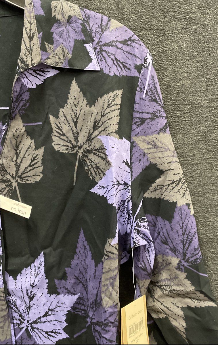 Coldwater Creek Women's Blouse Black Purple Leaf Print No Iron Cotton NWT Sz M
