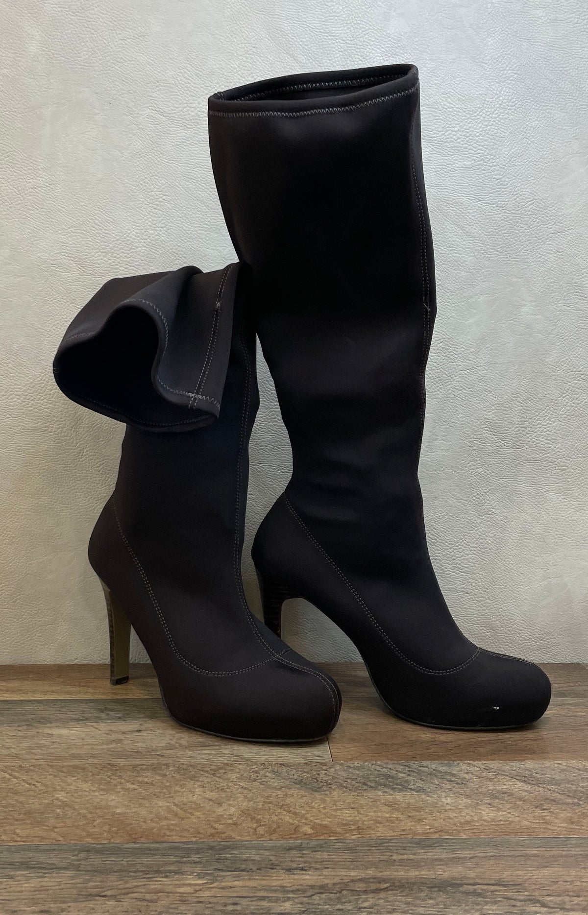 Martinez Valero Dark Brown Stretch Fabric Knee High Stiletto Boots Size 8.5
