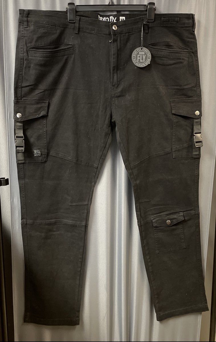 Bornfly Men's Black Multi-Pocket Cotton Streetwear Cargo Jeans Sz 48 NWT