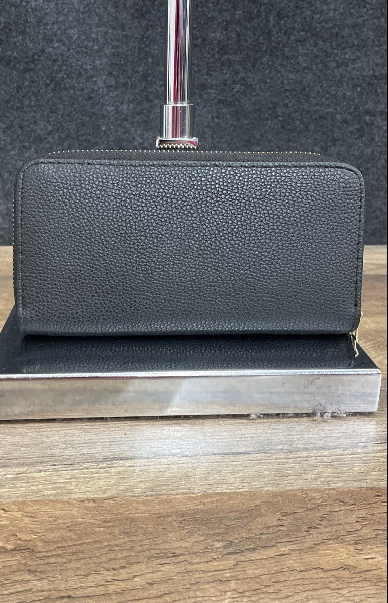 Black Pebbled Leather Zip Around Wallet Gold Lock Charm Clutch Purse 10x13"