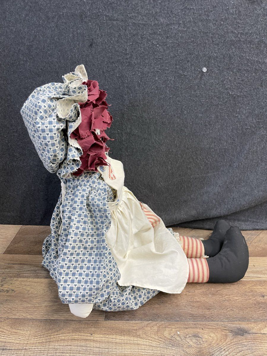 Vintage Handmade Raggedy Ann Style Blue Red Folk Art Primitive Cloth Doll 30"