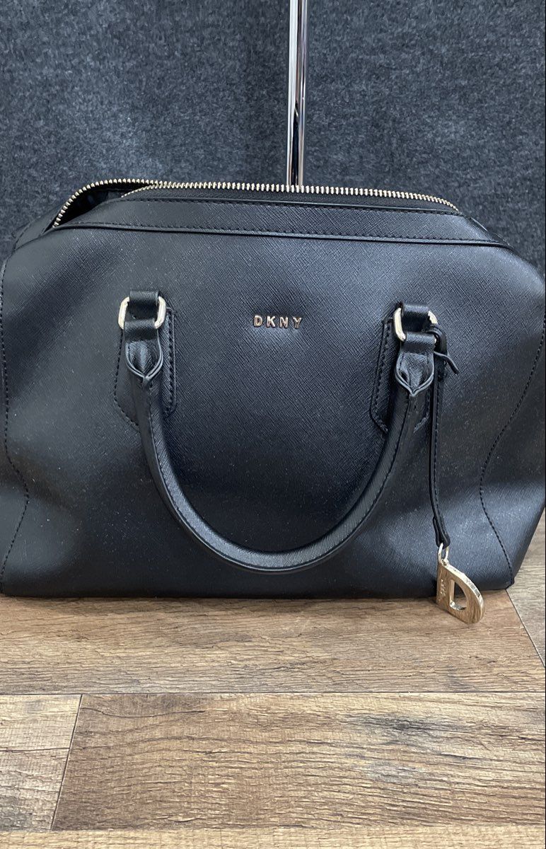 DKNY Black Saffiano Leather Dome Satchel Bag Silver Hardware Charm
