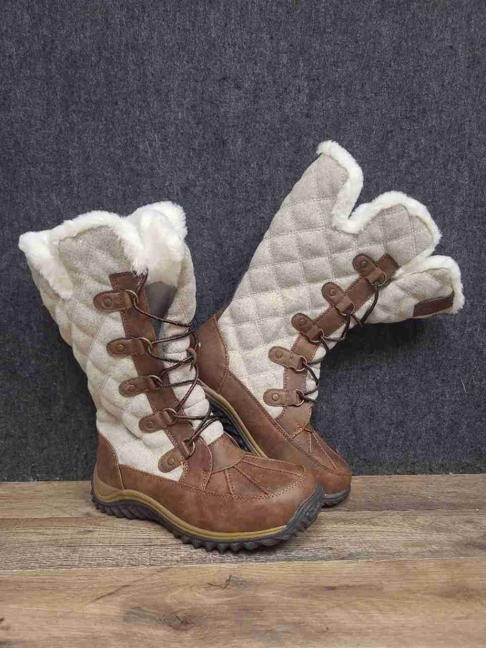 Globalwin W1928-6 Quilted Tall Snow Boots Tan White Faux Fur Lined Size 9