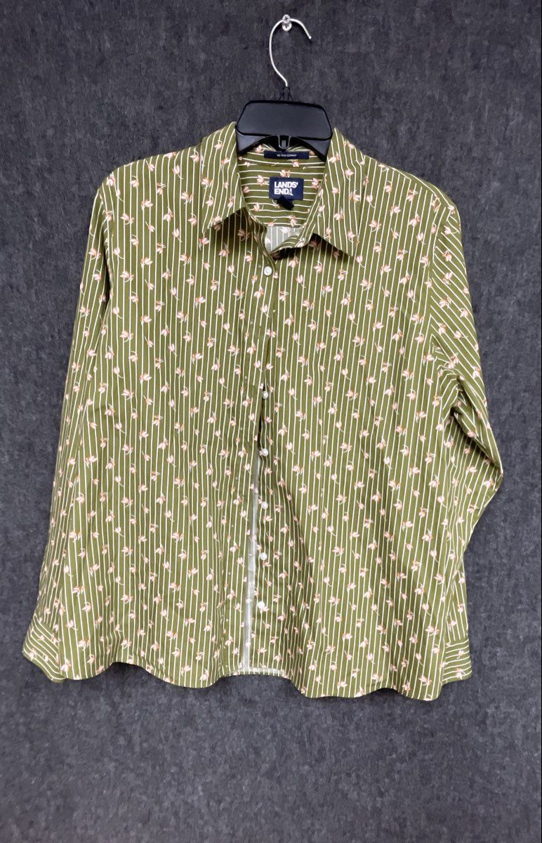 Lands' End Women's Olive Green No Iron Supima Striped Floral Shirt Sz 14
