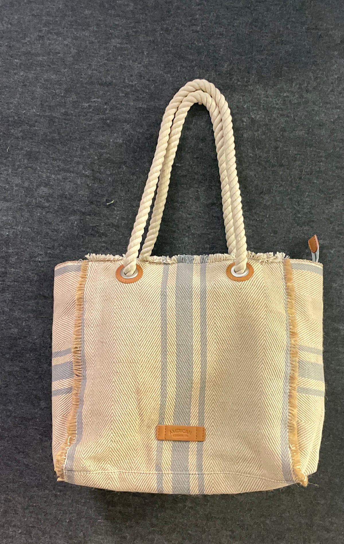 American Leather Co Tan Blue Herringbone Striped Tote Bag Rope Handle Fringe
