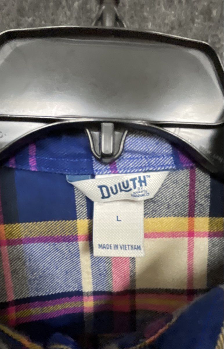 Duluth Trading Co Women's Flannel Shirt Blue Pink Plaid Long Sleeve Sz L