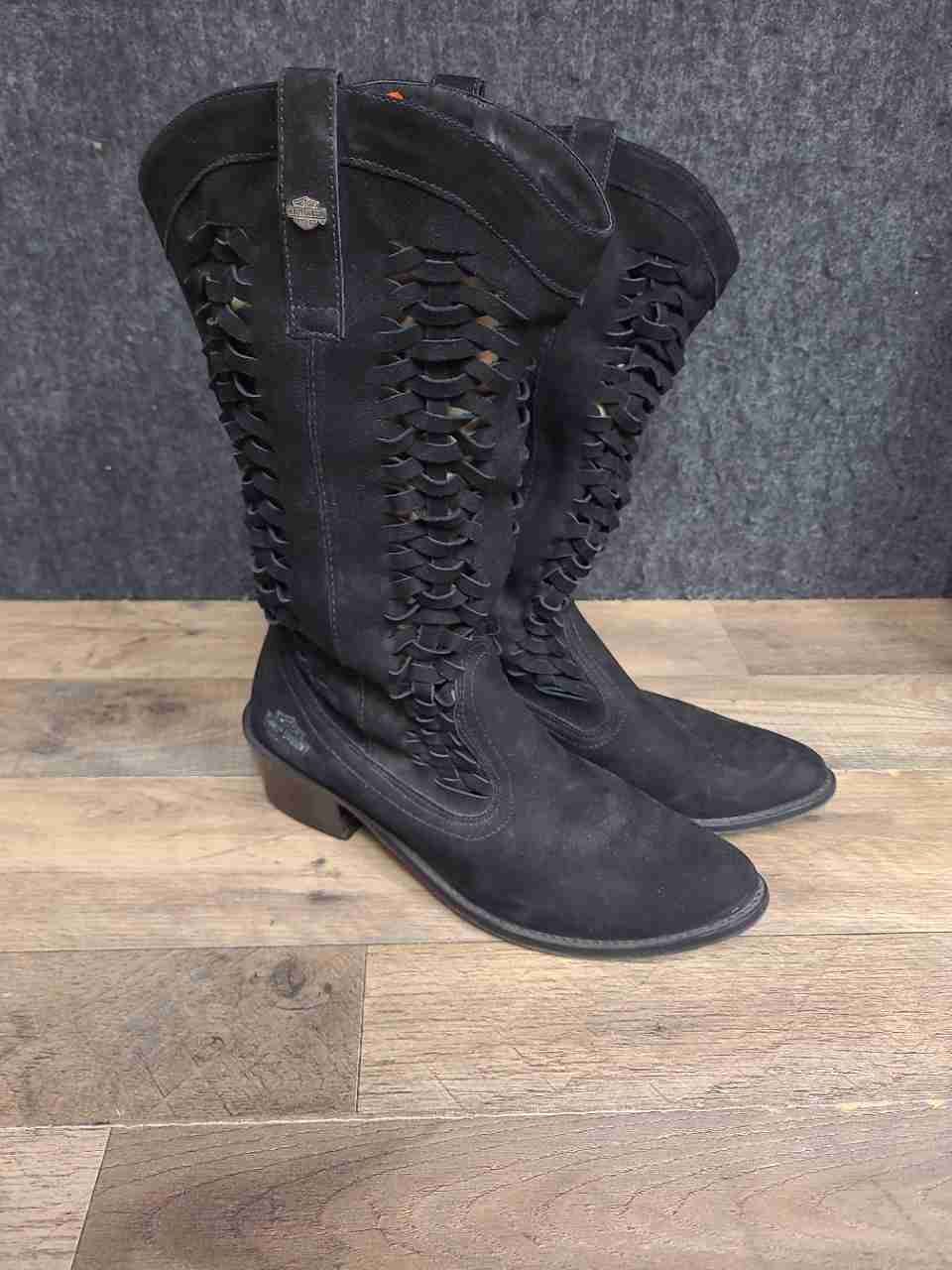 Harley-Davidson D83239 Black Woven Lattice Leather Tall Boots Size 8.5