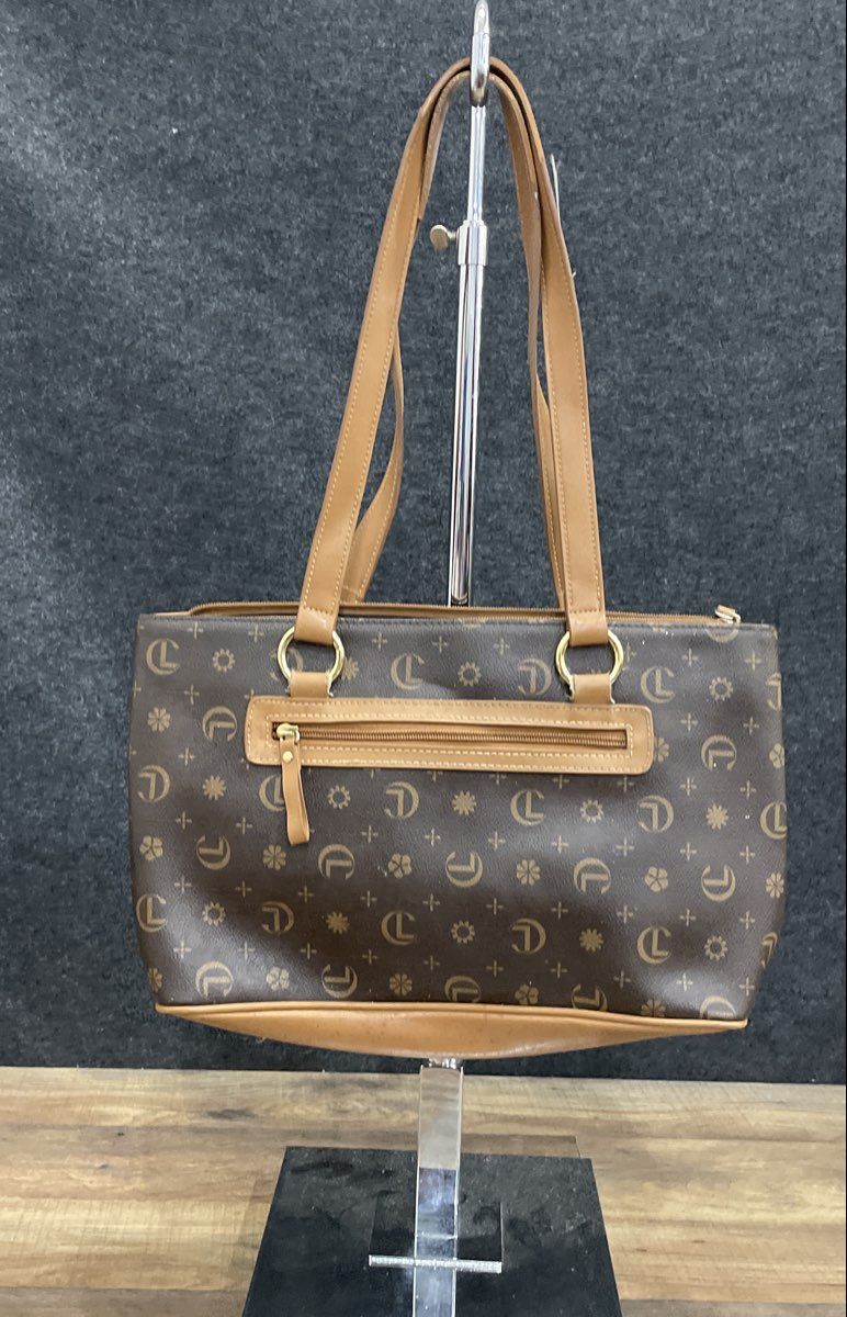 Christian Lacroix Brown Tan Monogram Coated Canvas Tote Shoulder Bag Gold Tone