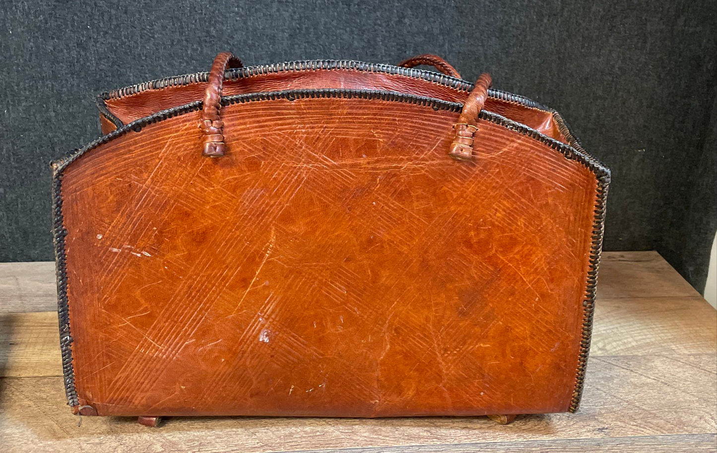 Vintage 1970s Brown Tooled Leather Handbag and Matching Wallet Set