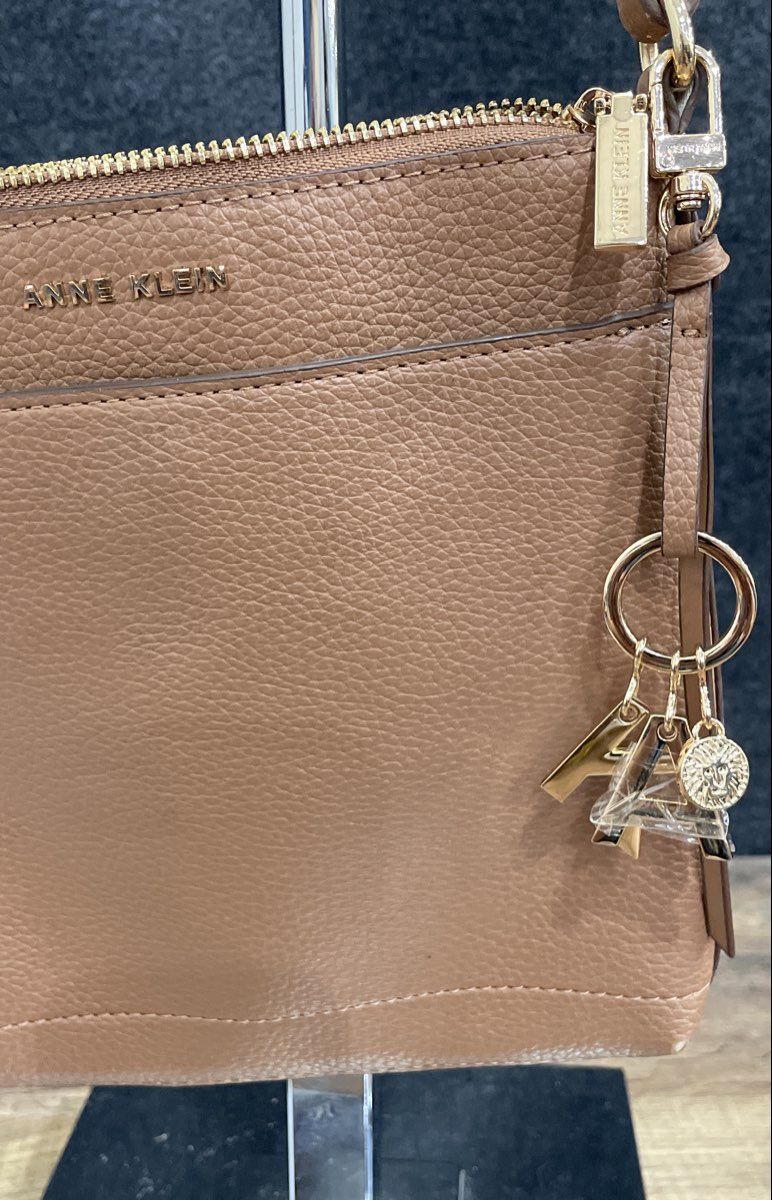 Anne Klein Coffee Brown Pebbled Crossbody Bag Gold Hardware Charms