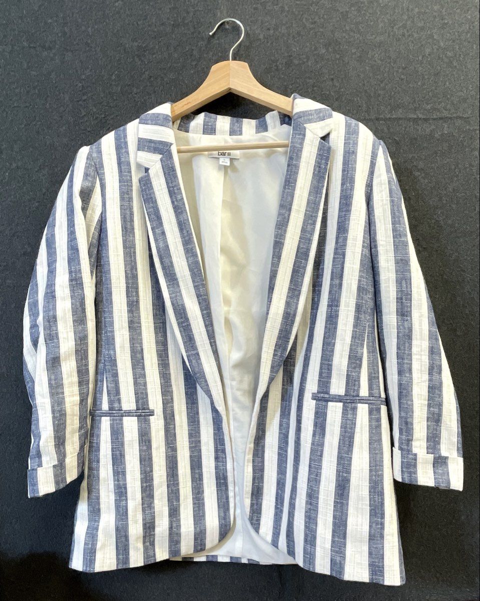 Bar III Women's Blue White Striped Cotton Linen Blend Open Front Blazer Sz L