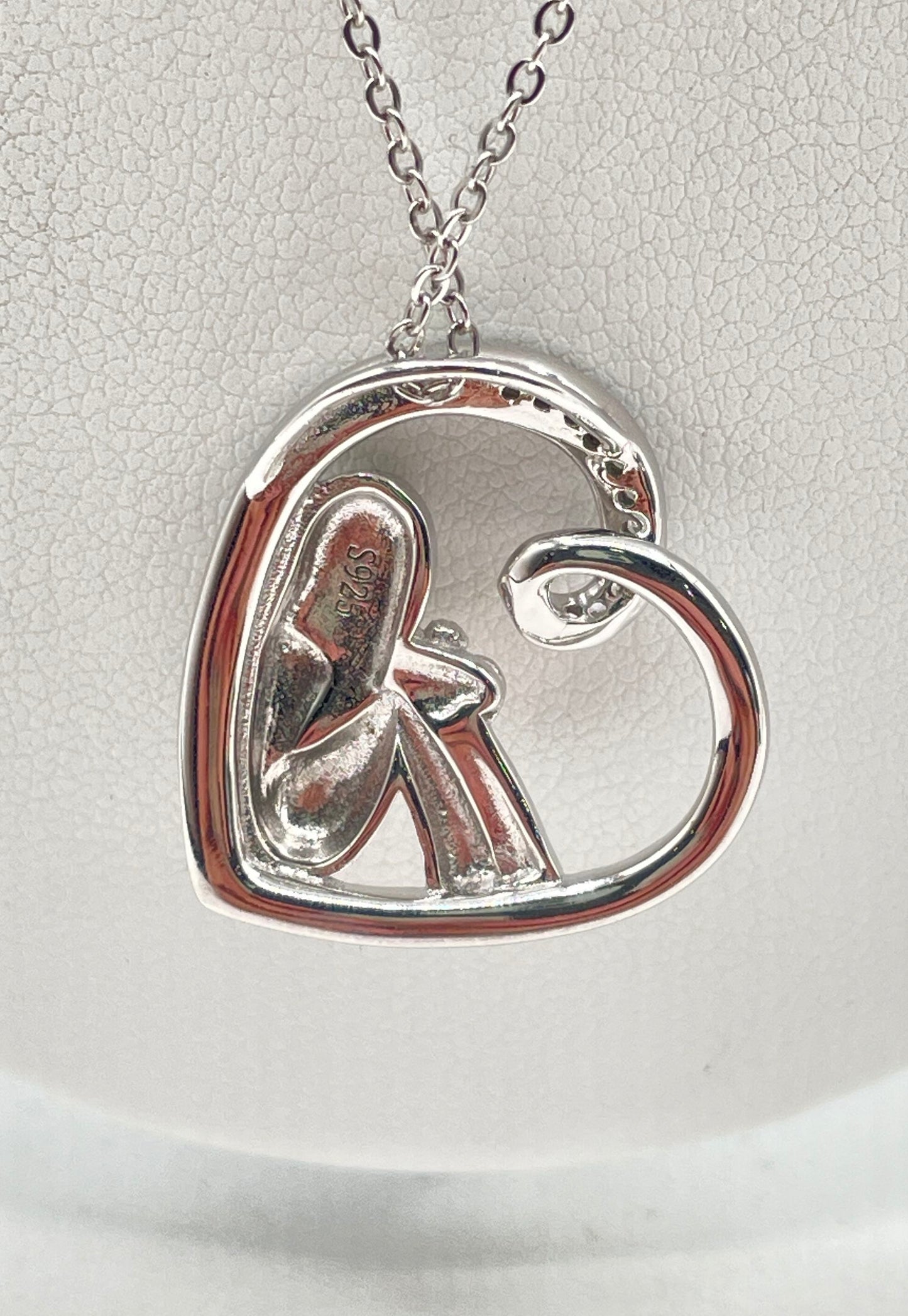 925 Sterling Silver Two-Tone Girl & Cat w/ CZ Heart Pendant Necklace 5.8g