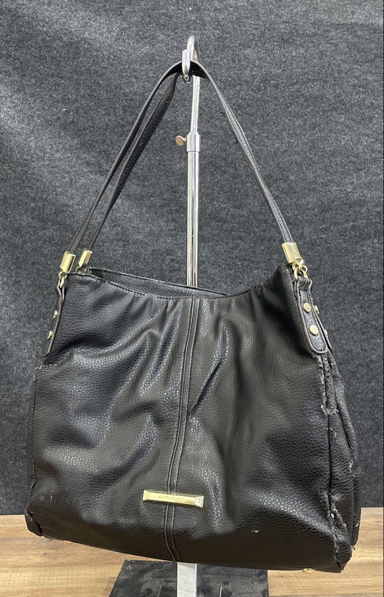 Anne Klein Black Pebbled Leather Hobo Shoulder Bag Gold Tone Hardware