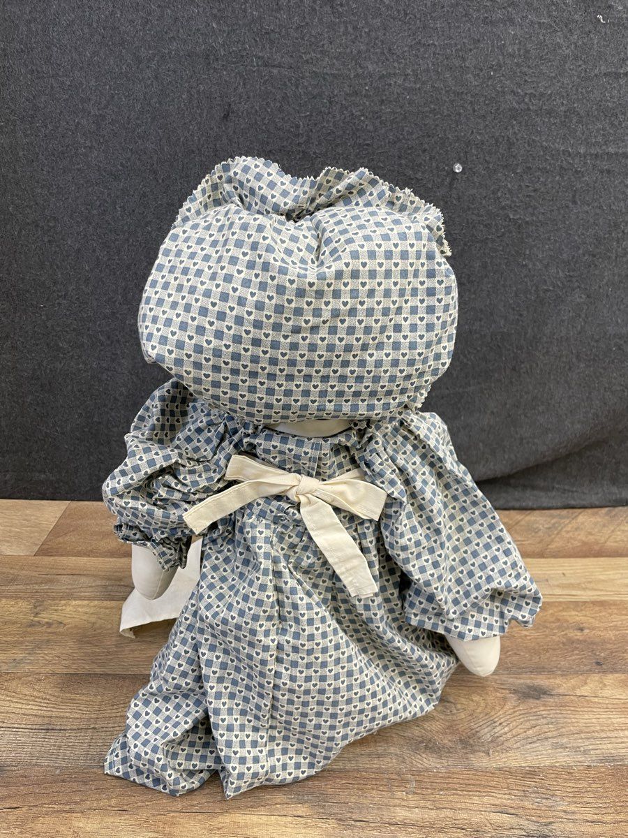 Vintage Handmade Raggedy Ann Style Blue Red Folk Art Primitive Cloth Doll 30"